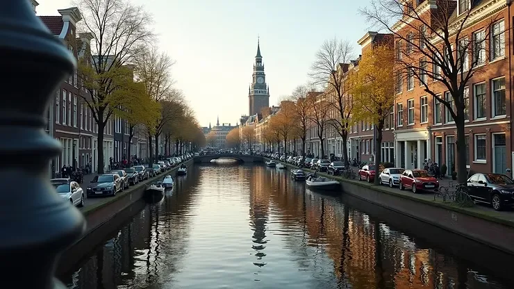 Amsterdamskie kanały z kamienicami nad kanałem