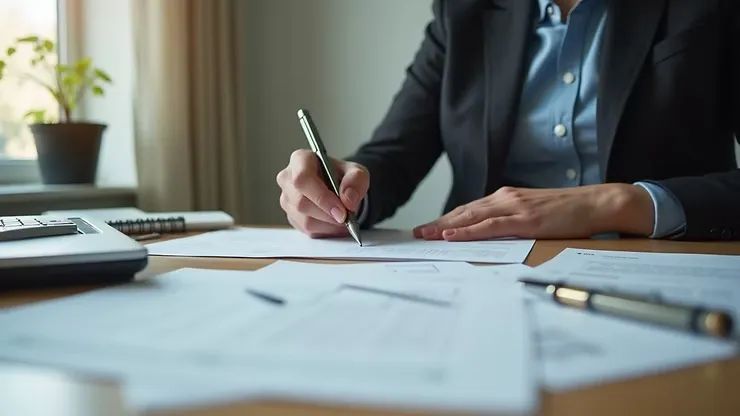 Persona ordina documenti fiscali sulla scrivania